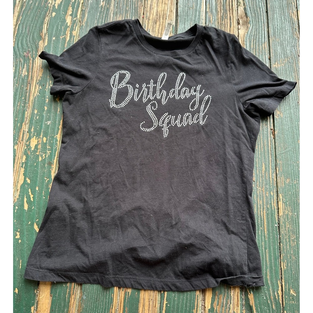 Birthday Squad Rhinestone Graphic T-Shirt Black Short Sleeve Crewneck A3656
